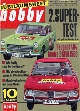BWM 1500 kontra Peugeot 404 - BMW 1500 und Peugeot 404 auf dem Titelblatt der Zeitschrift 'hobby'