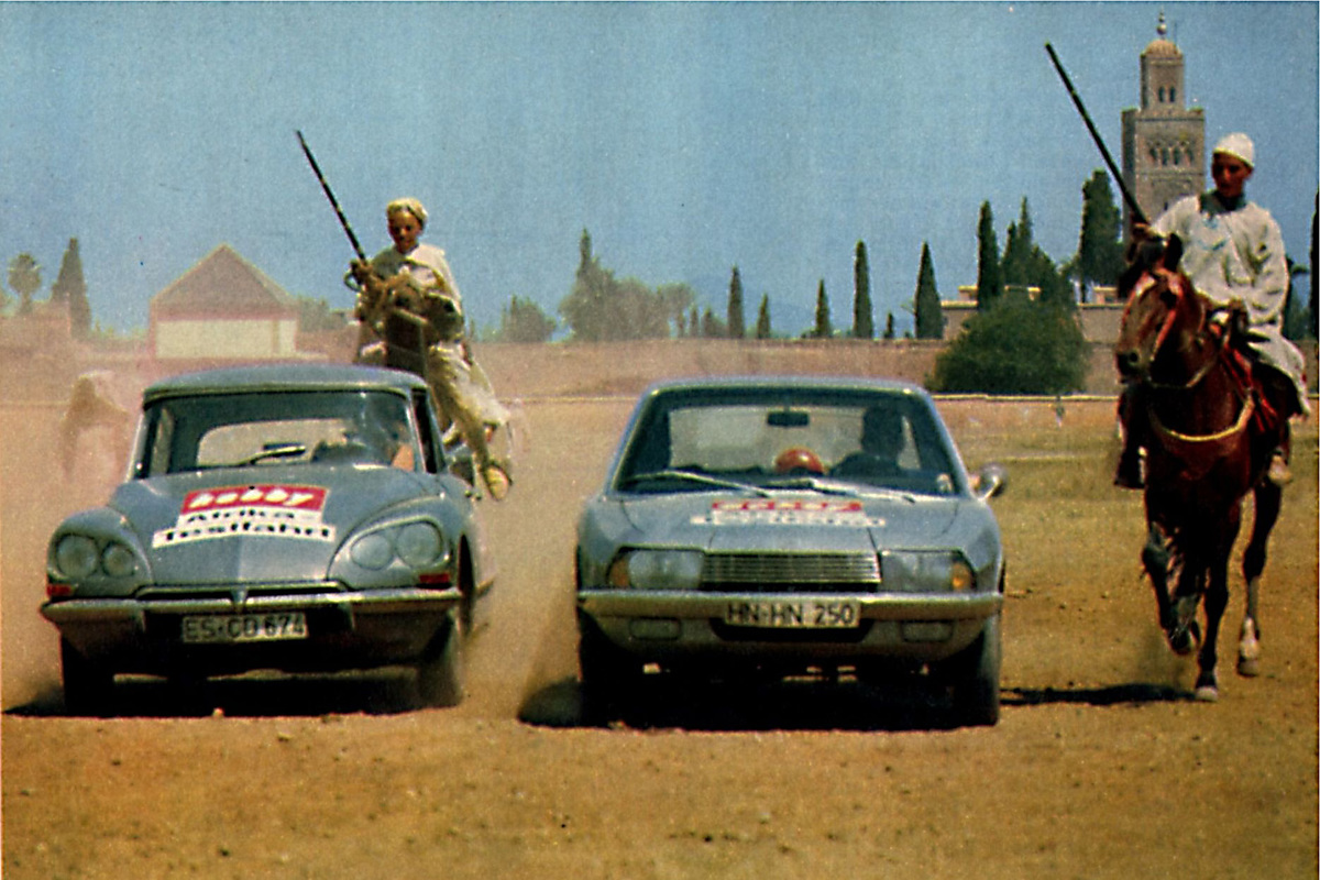 Das hat es noch nie gegeben! Vor den Toren von Marrakesch veranstalten kühne "Fantasia"-Reiter eine verwegene Privatjagd mit den beiden hobby-Testwagen - NSU RO 80 kontra Citroën DS 21 im hobby Super-Test in Afrika