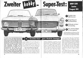 BMW 1500 kontra Peugeot 404 - im zweiten Supertest - Hobby 10/1963 - Seiten 62 und 63 BMW 1500 kontra Peugeot 404 - im zweiten Supertest - Hobby 10/1963 - Seiten 62 und 63